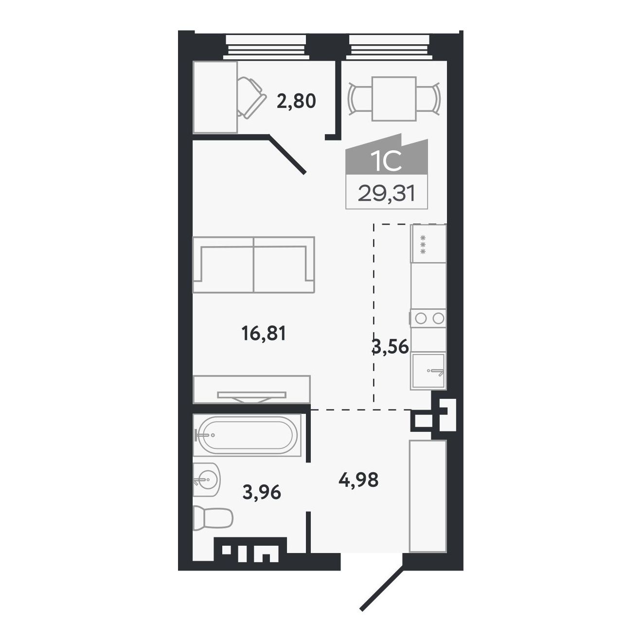 Планировка: Студия, 29,31 м²