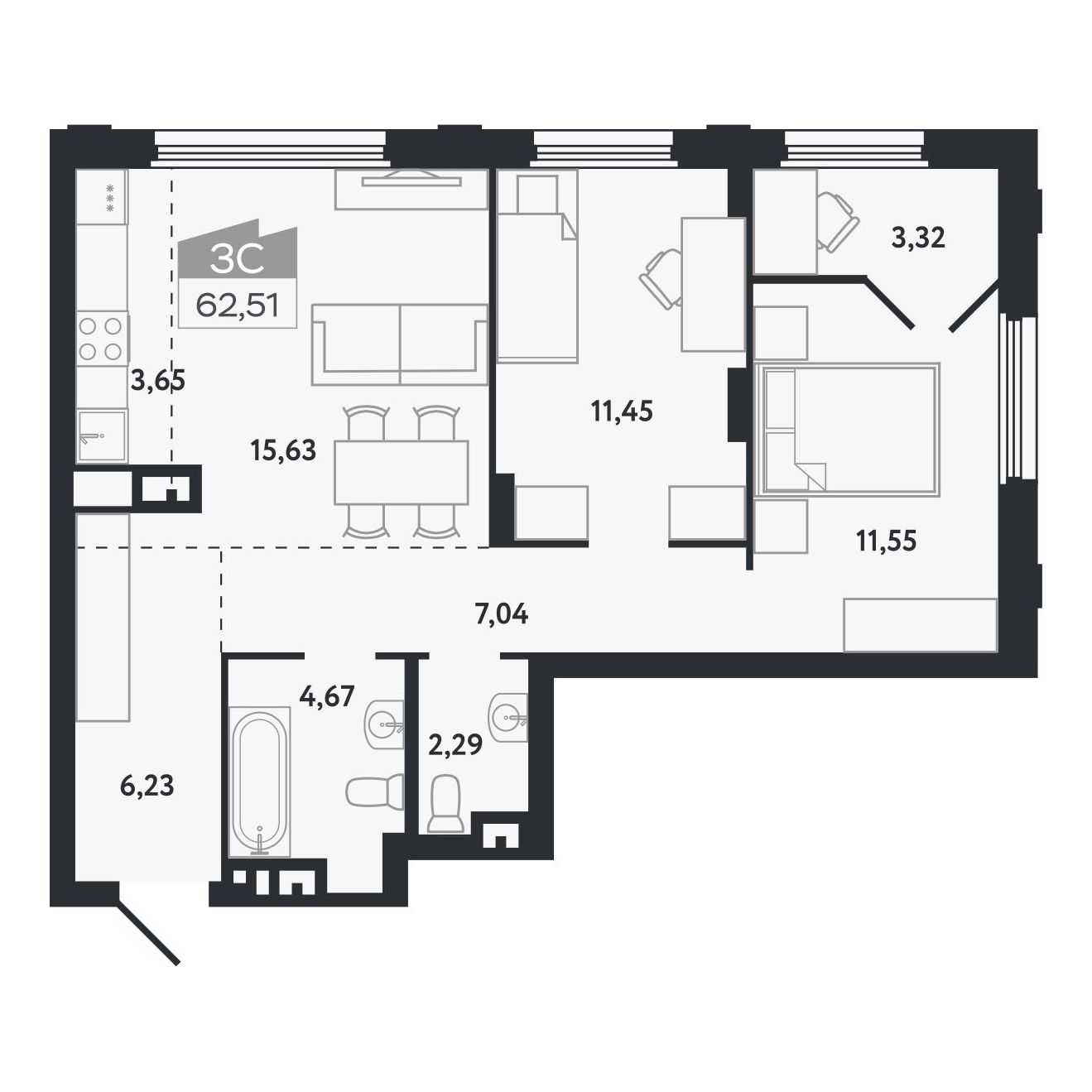Планировка: Евро-3, 62,51 м²