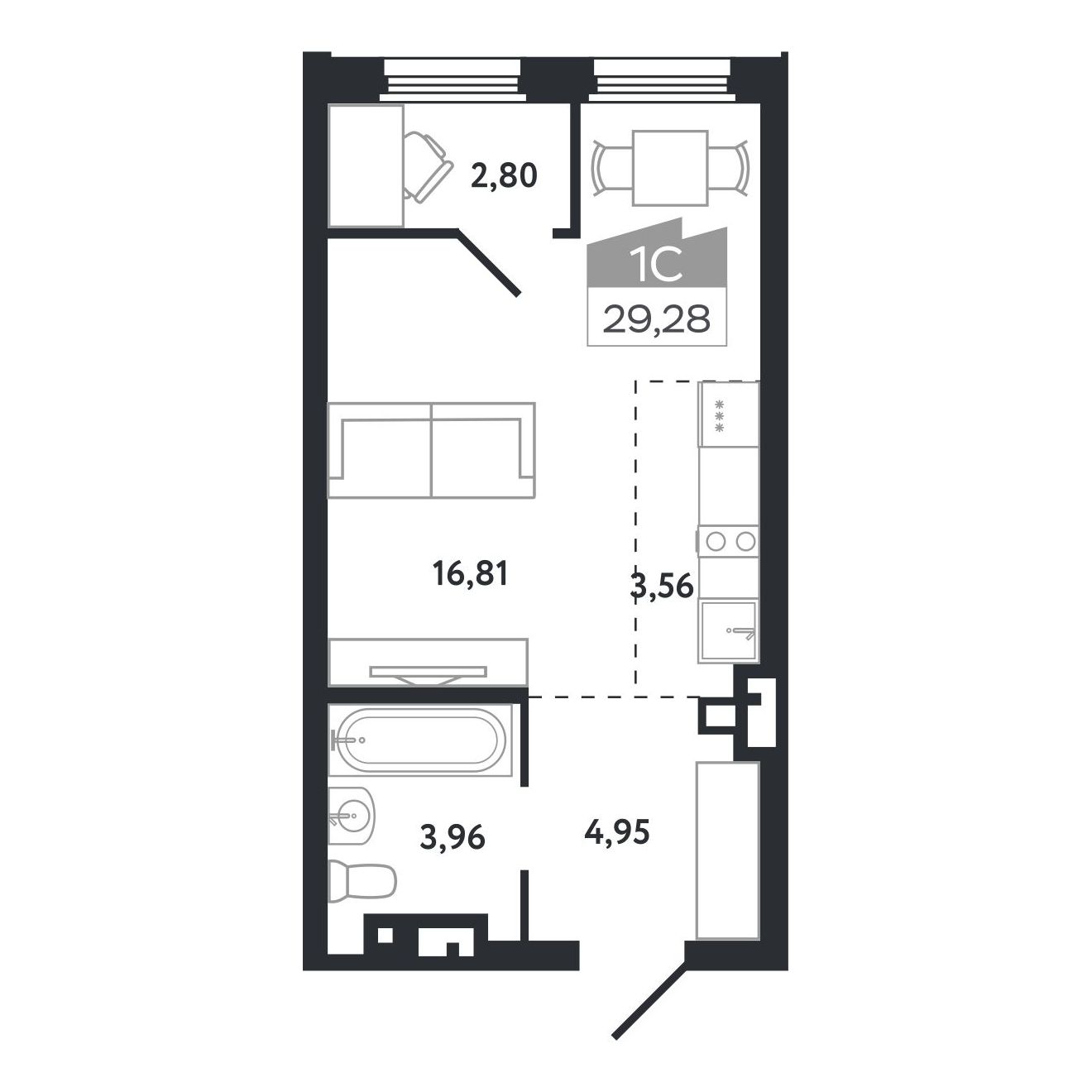 Планировка: Евро-1, 29,28 м²
