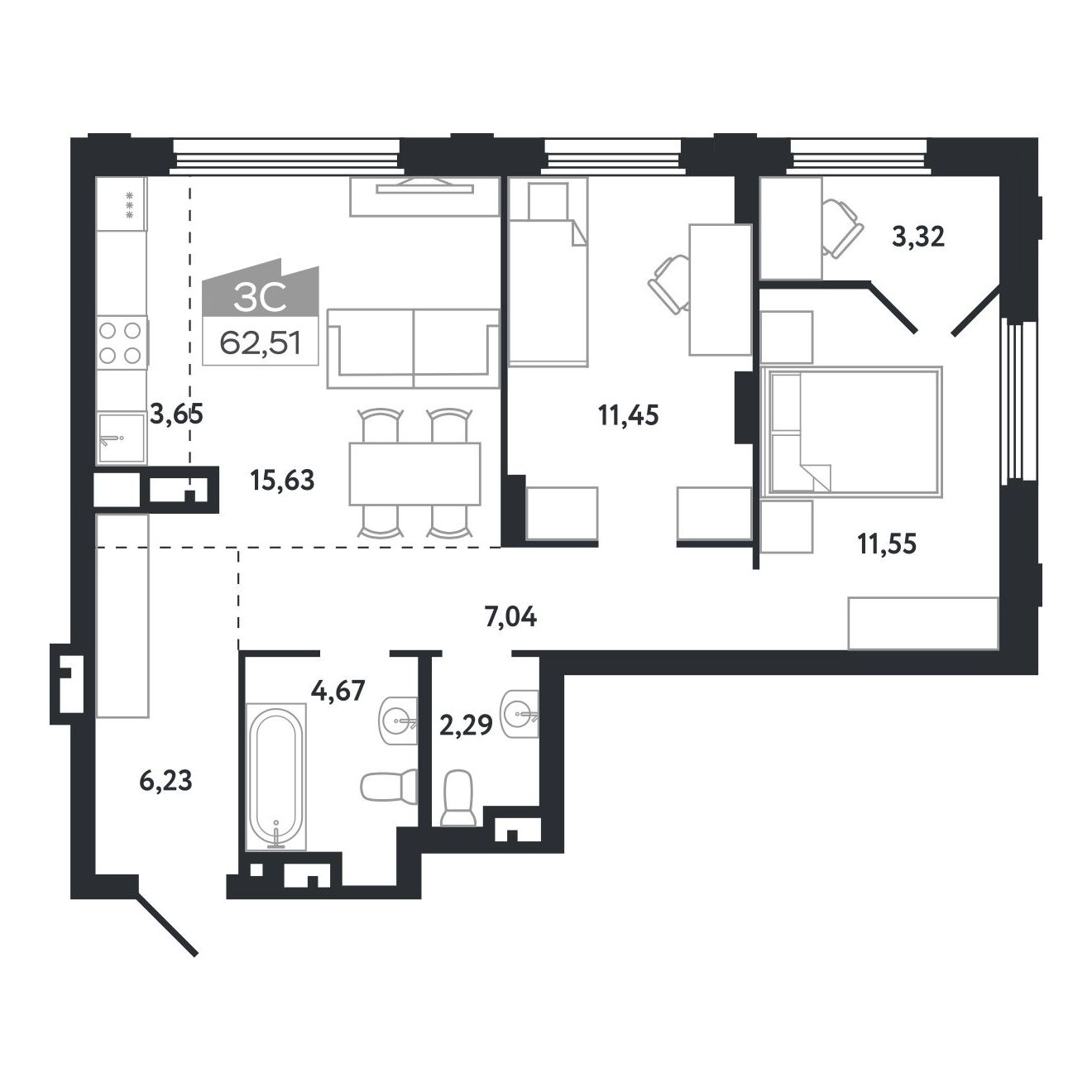 Планировка: Евро-3, 62,51 м²