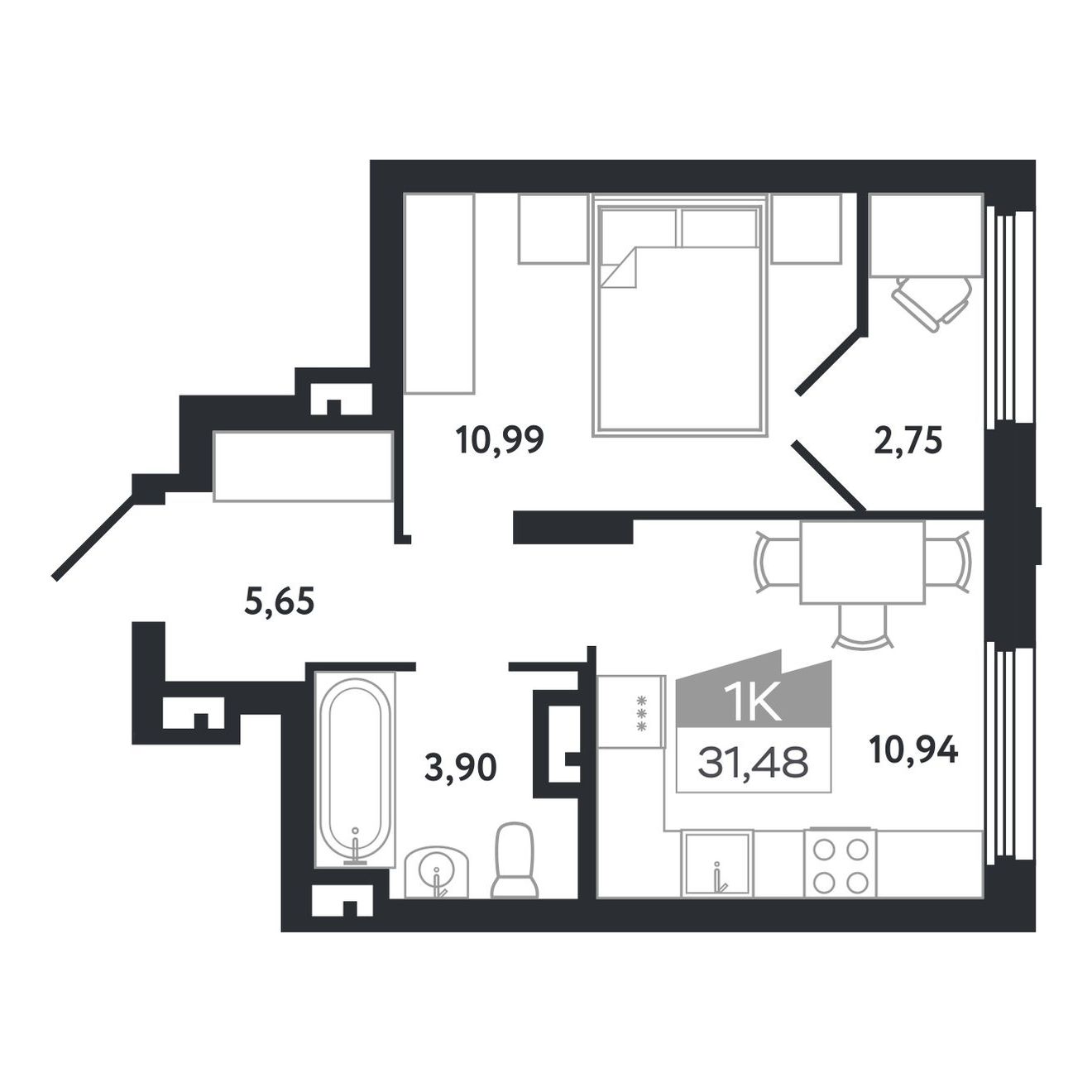 Планировка: 1-комнатная, 31,48 м²