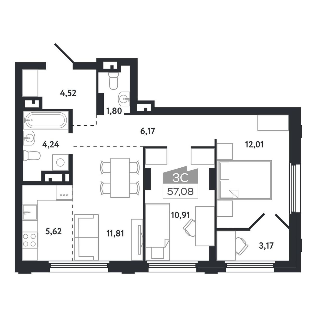 Планировка: Евро-3, 57,08 м²