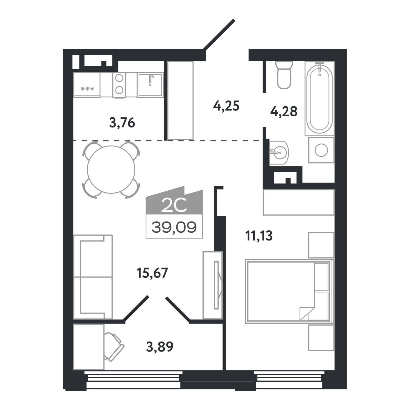 Планировка: Евро-2, 39,09 м²