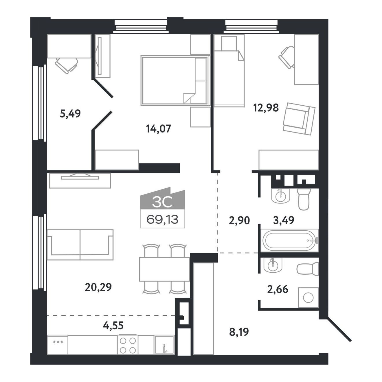 Планировка: Евро-3, 69,13 м²