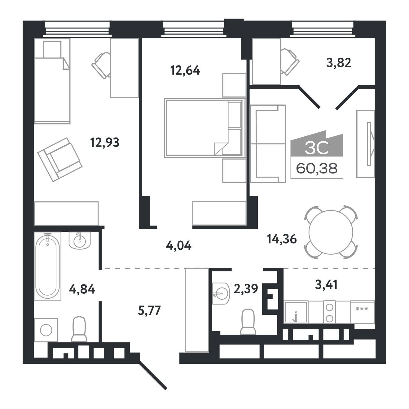 Планировка: Евро-3, 60,48 м²