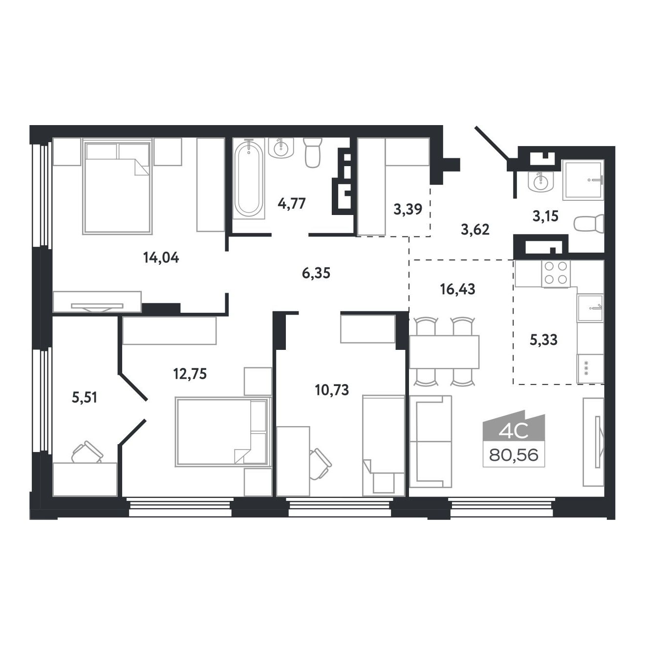 Планировка: Евро-4, 80,56 м²