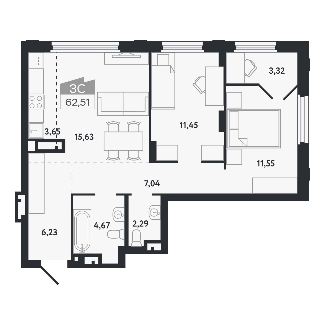 Планировка: Евро-3, 62,51 м²