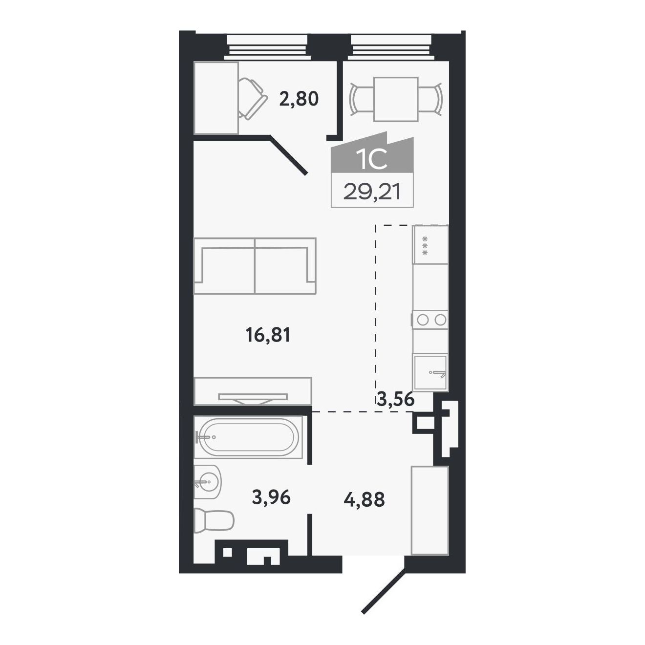 Планировка: Евро-1, 29,21 м²