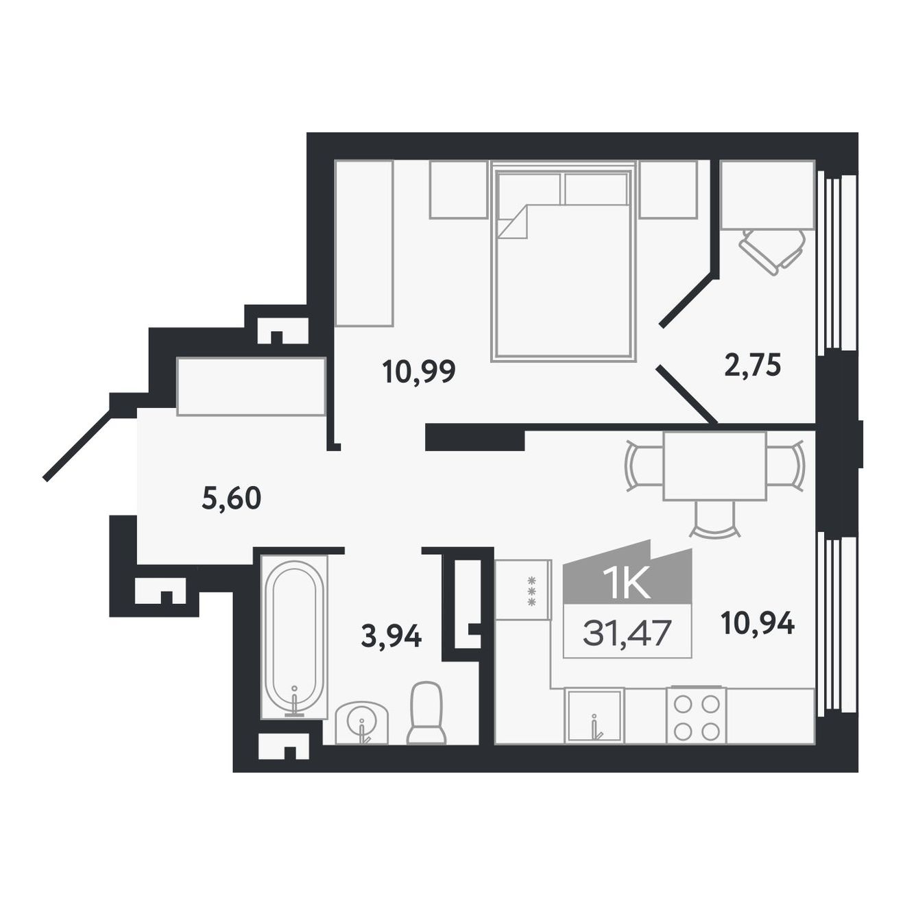Планировка: 1-комнатная, 31,47 м²