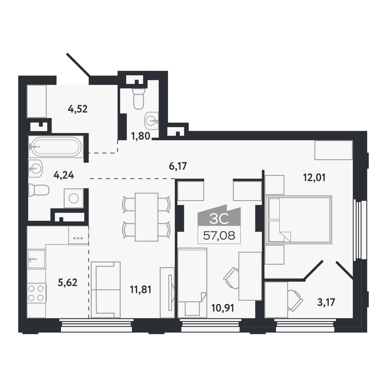 Планировка: Евро-3, 57,08 м²
