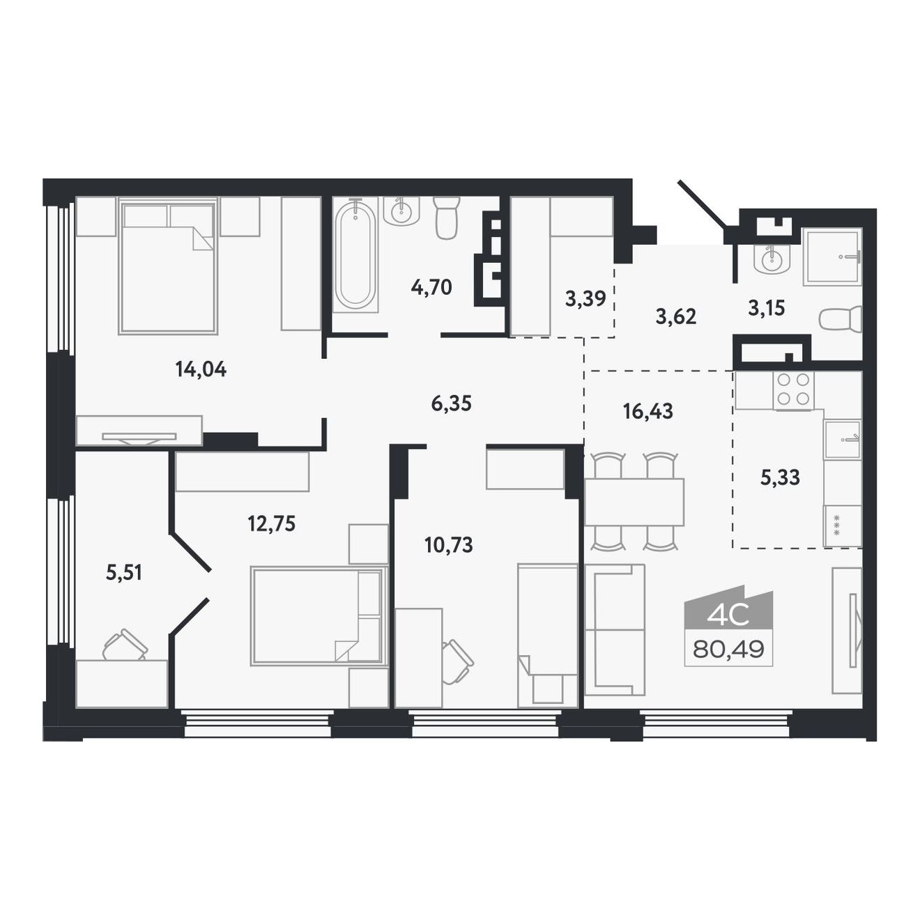 Планировка: Евро-4, 80,49 м²