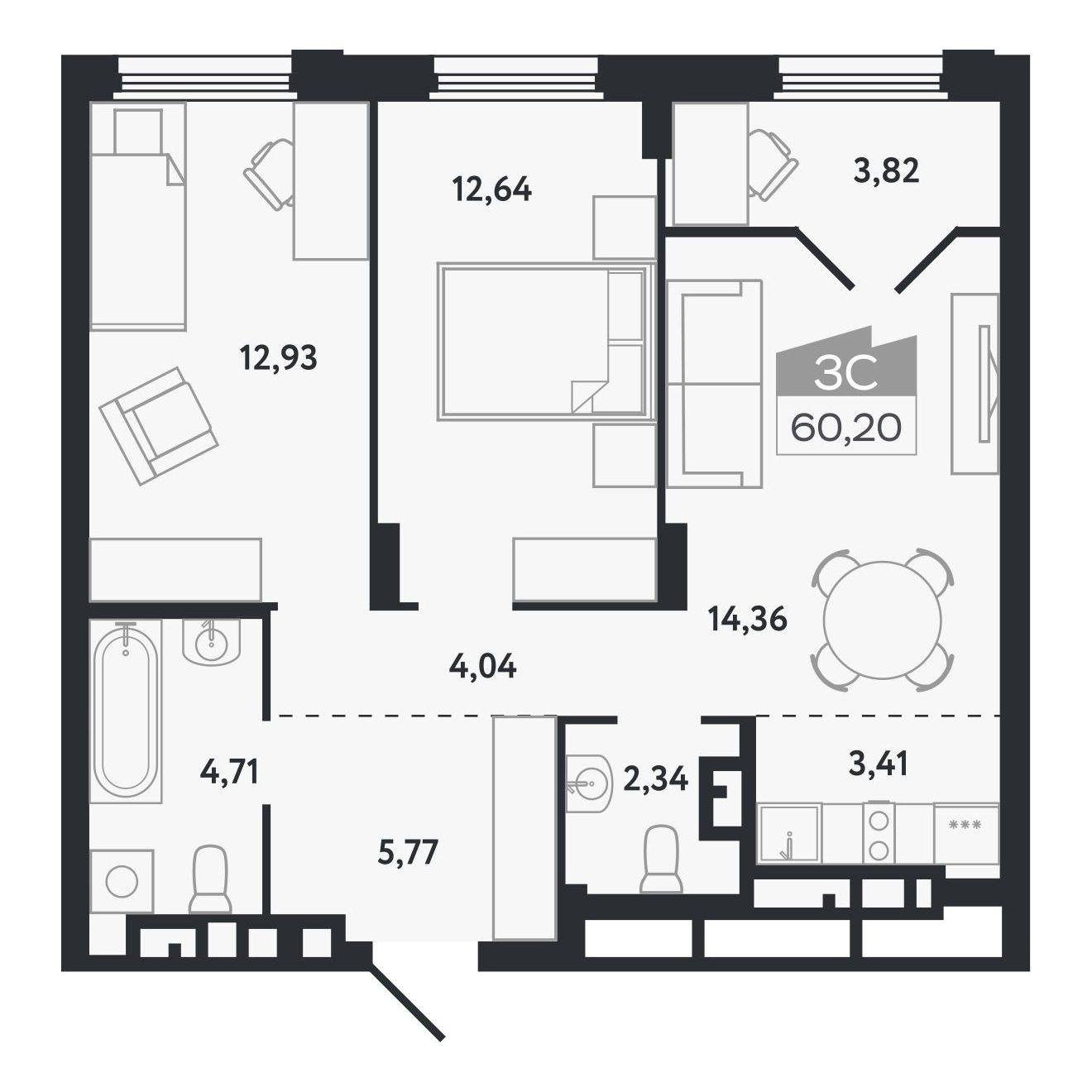Планировка: Евро-3, 60,2 м²