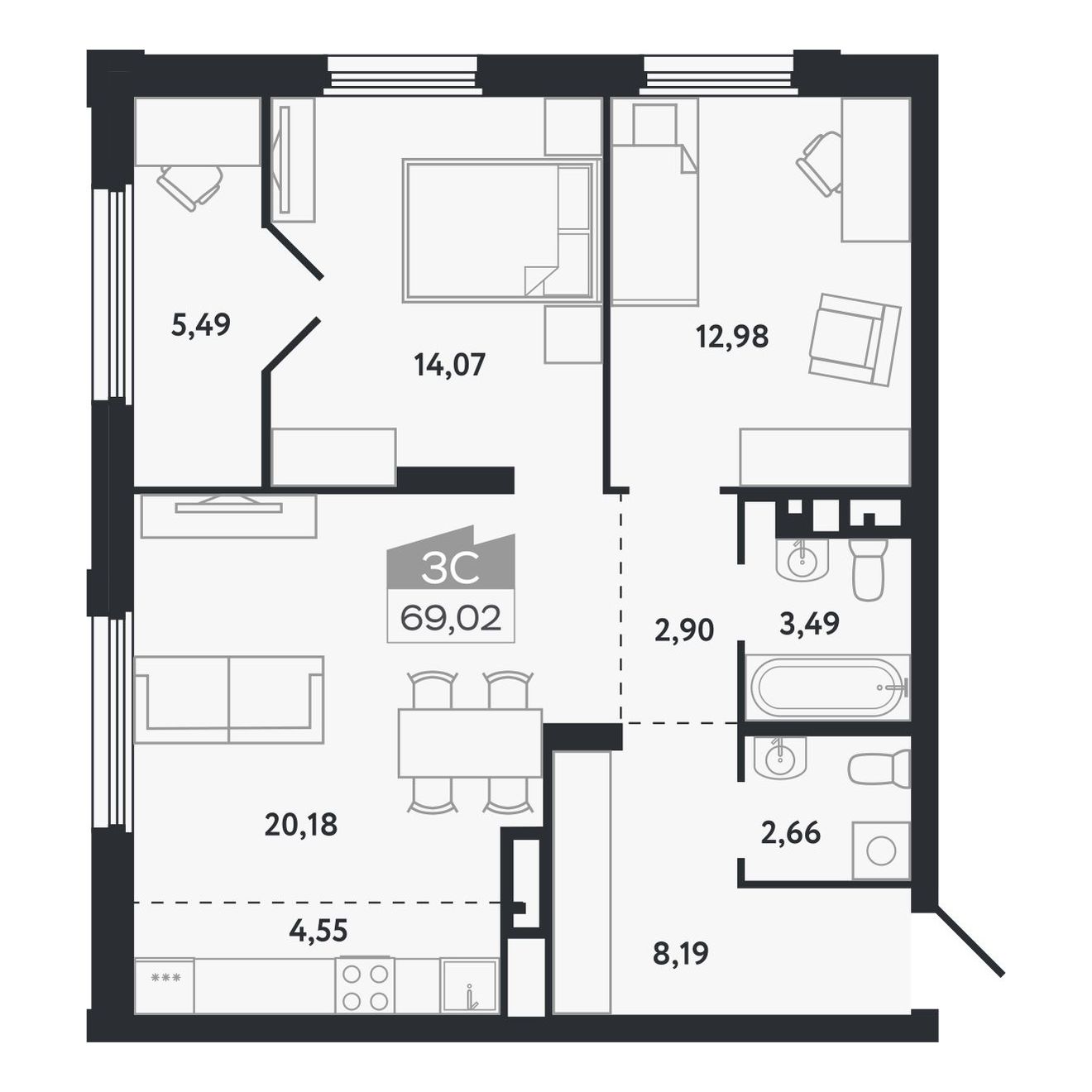 Планировка: Евро-3, 69,02 м²