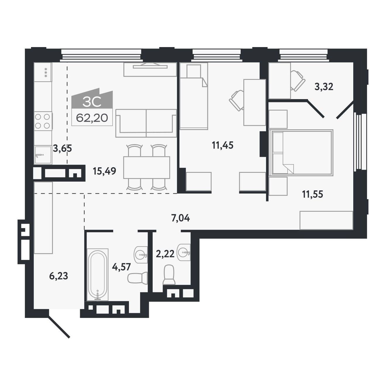 Планировка: Евро-3, 62,2 м²