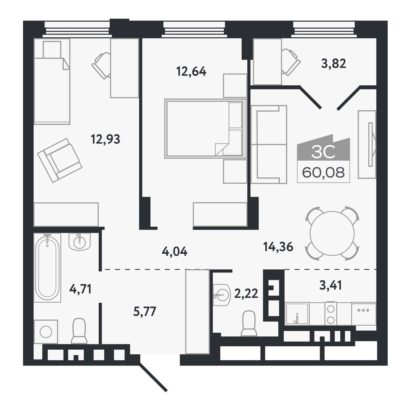 Планировка: Евро-3, 60,08 м²