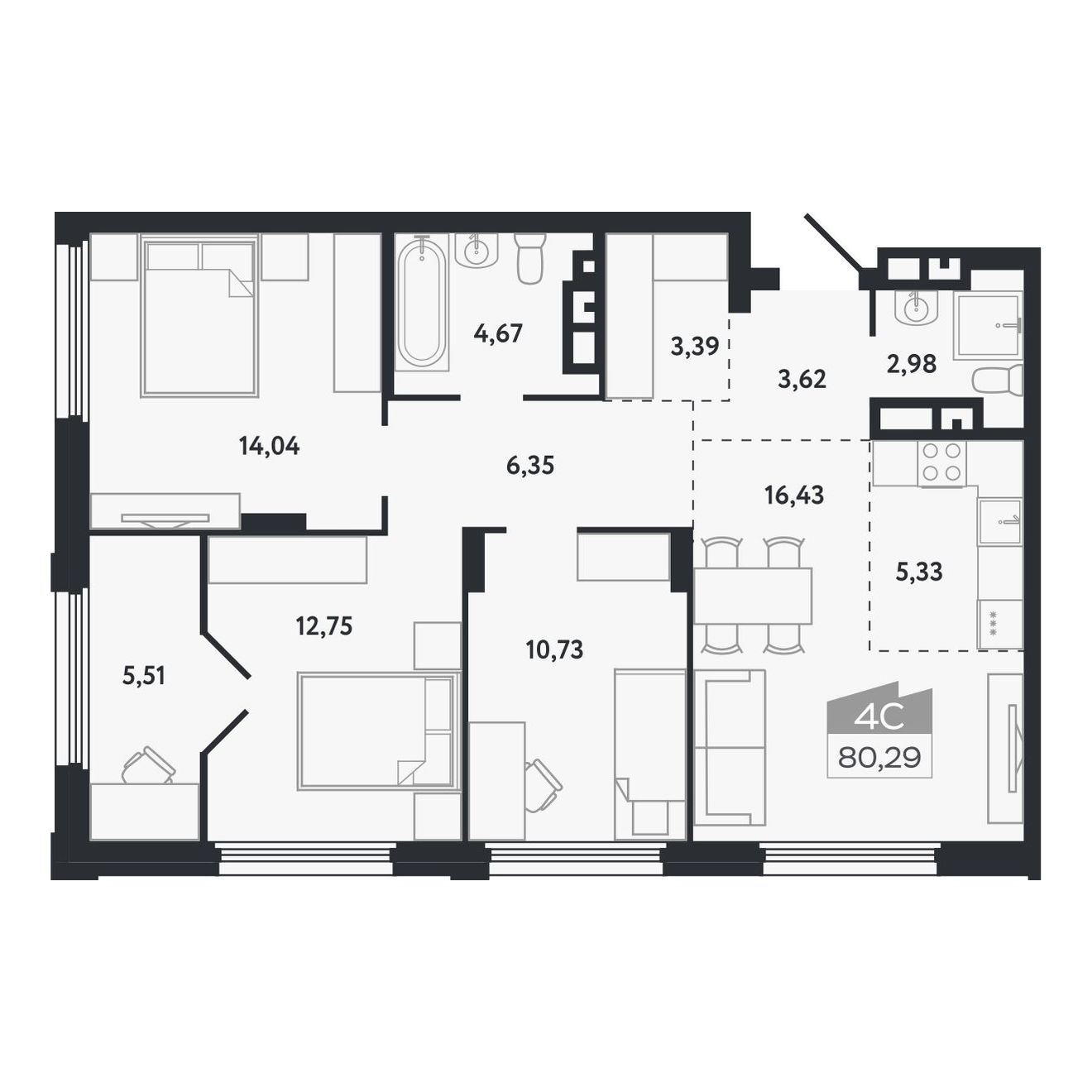 Планировка: Евро-4, 80,29 м²