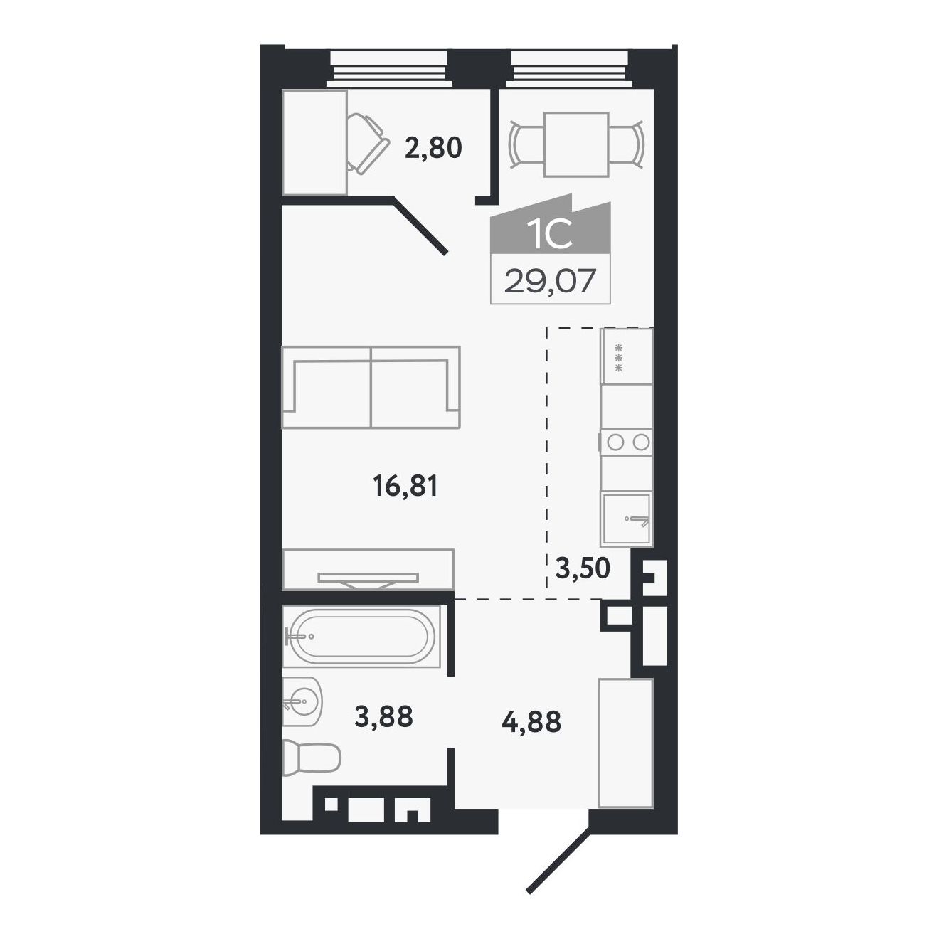 Планировка: Евро-1, 29,07 м²