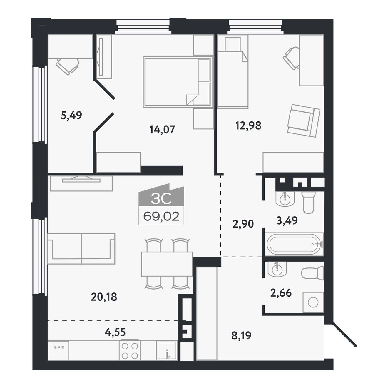 Планировка: Евро-3, 69,02 м²