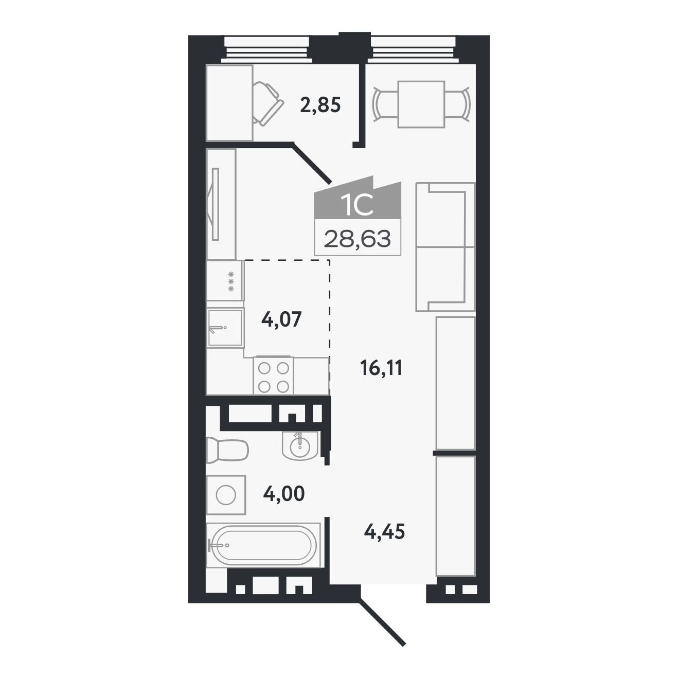 Планировка: Евро-1, 28,63 м²