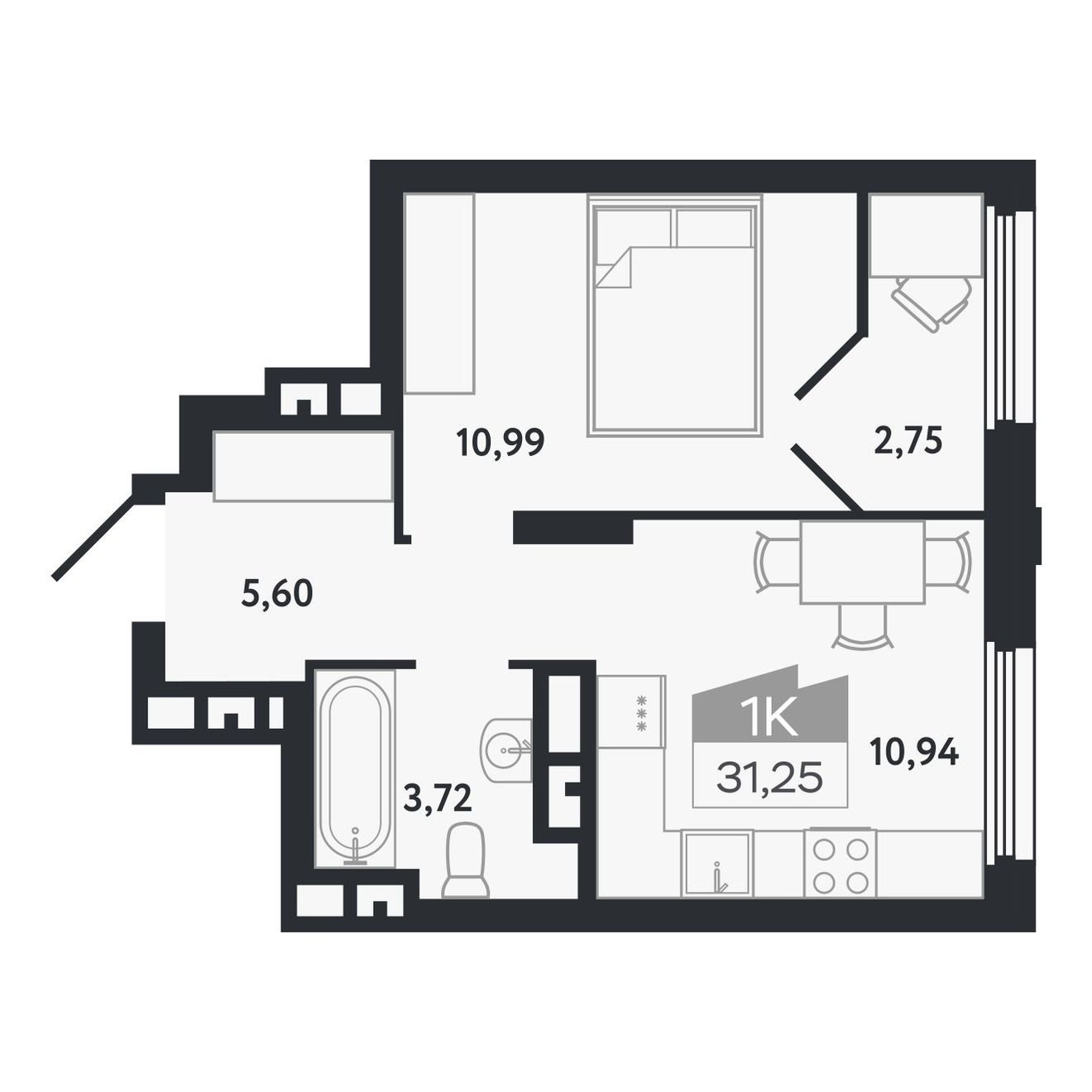 Планировка: 1-комнатная, 31,25 м²