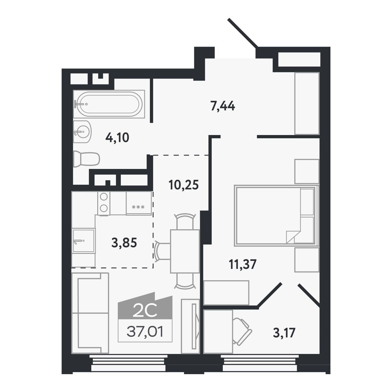 Планировка: Евро-2, 37,01 м²