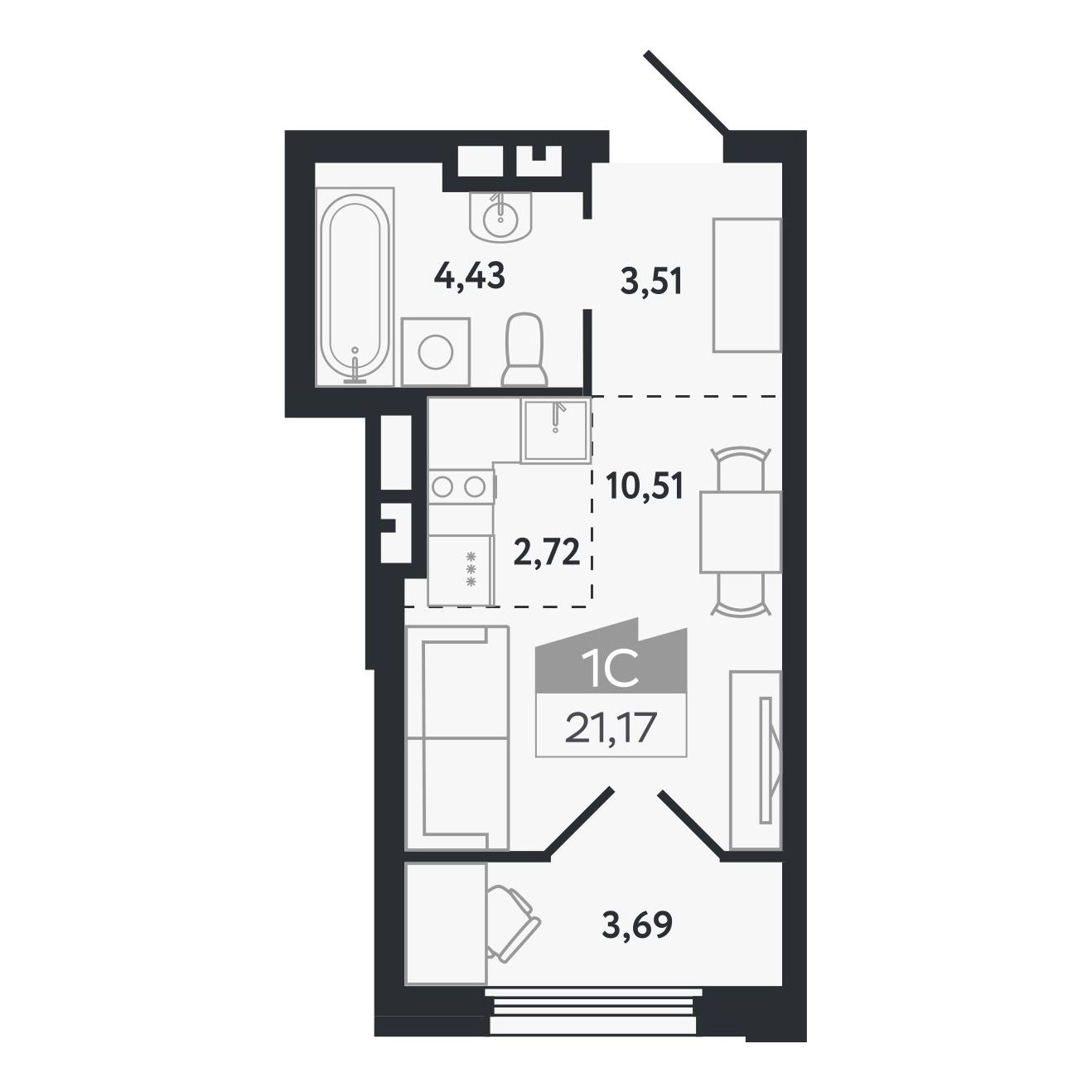 Планировка: Евро-1, 21,17 м²