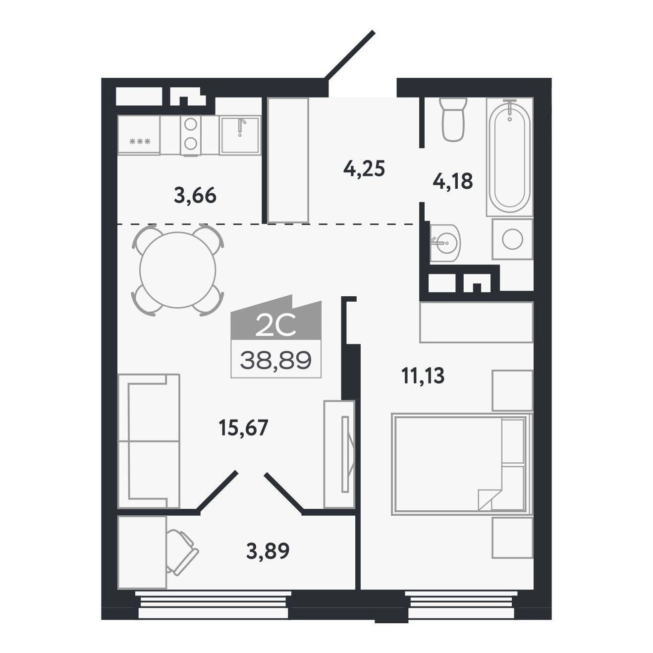 Планировка: Евро-2, 38,89 м²