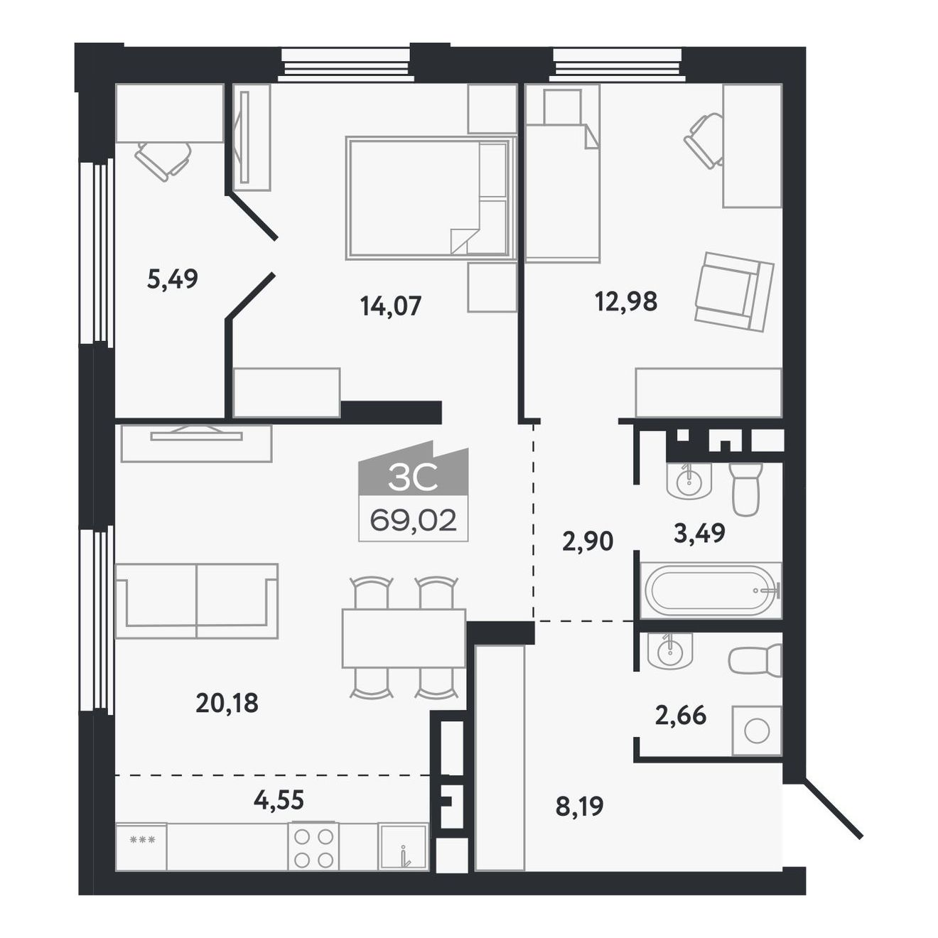 Планировка: Евро-3, 69,02 м²