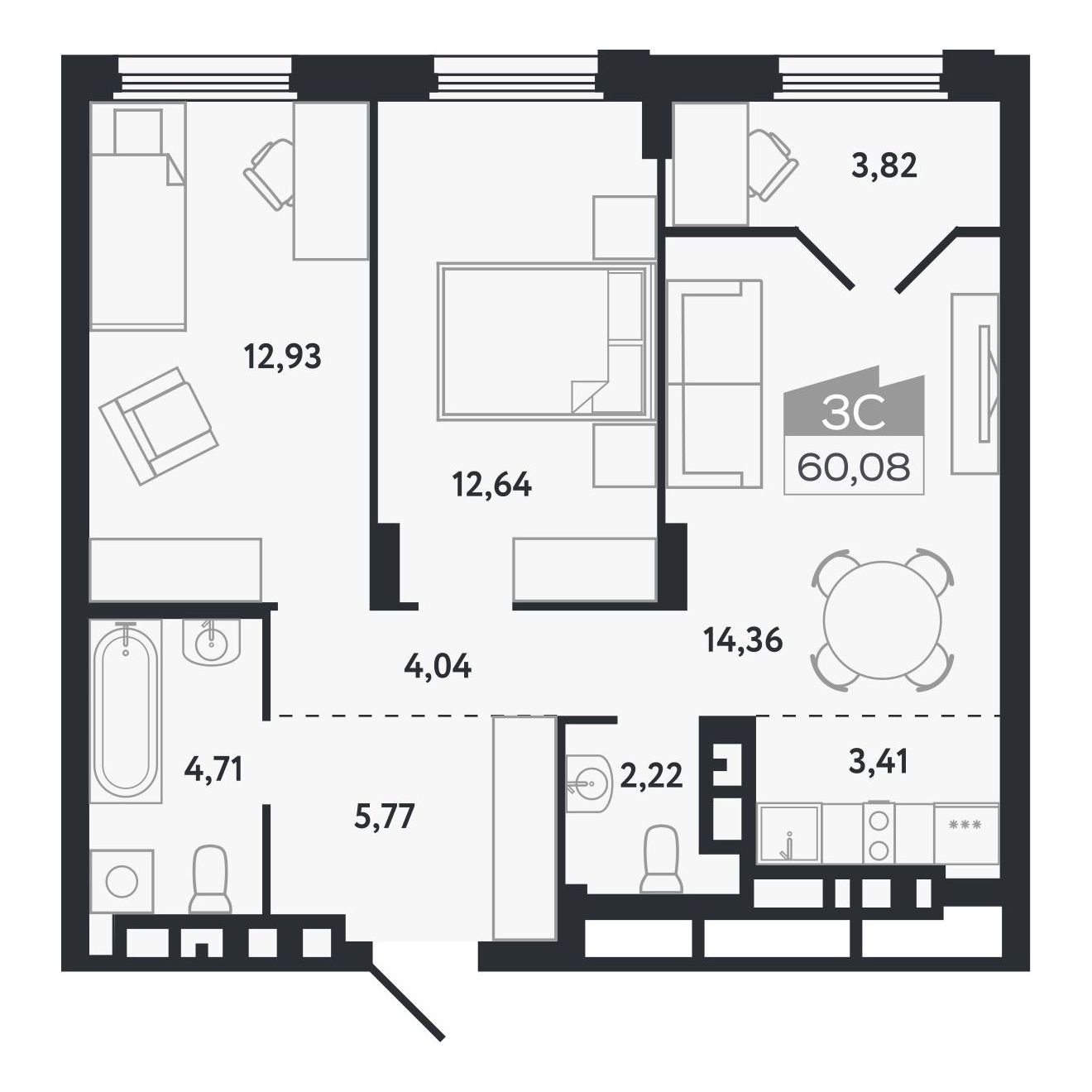 Планировка: Евро-3, 60,08 м²