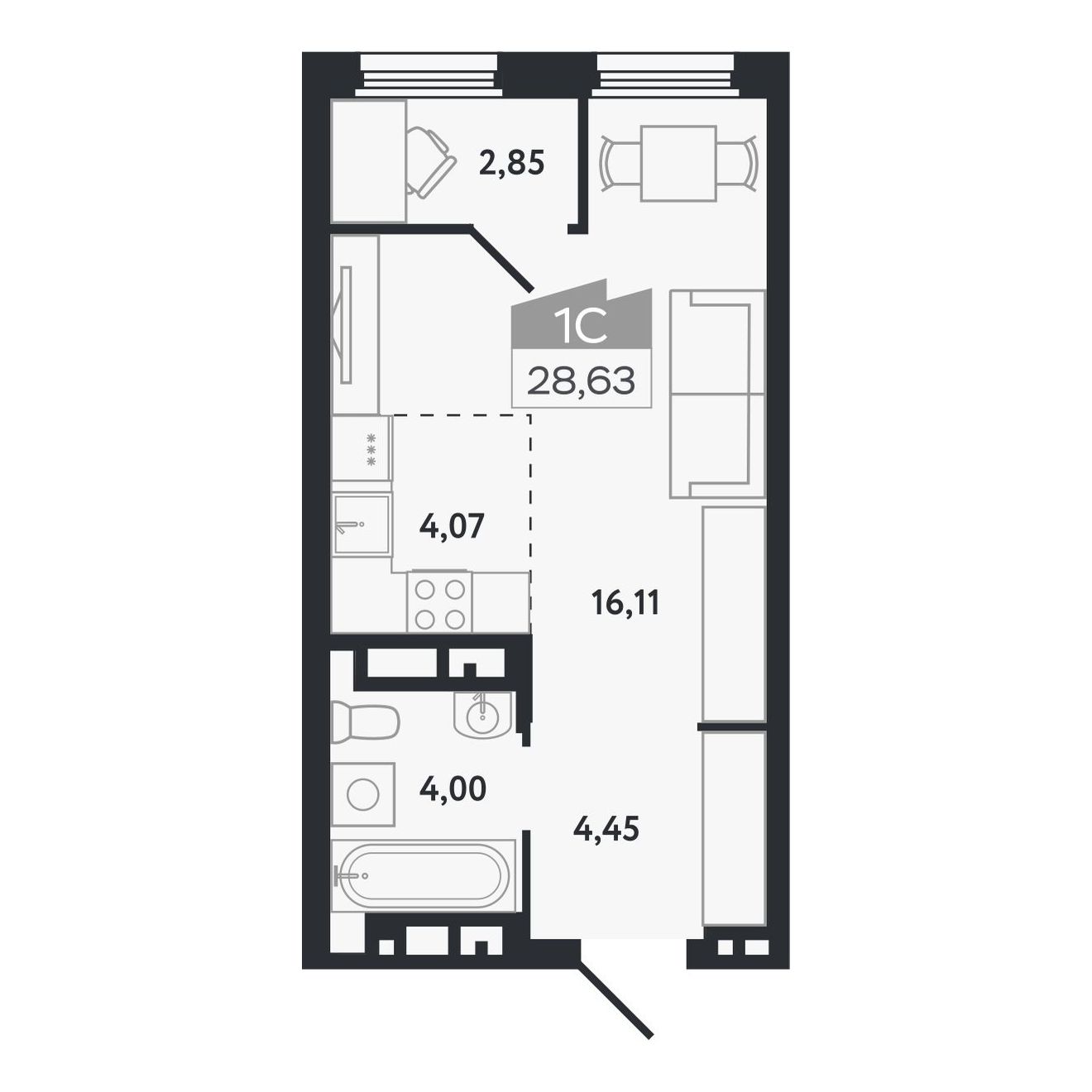 Планировка: Евро-1, 28,63 м²
