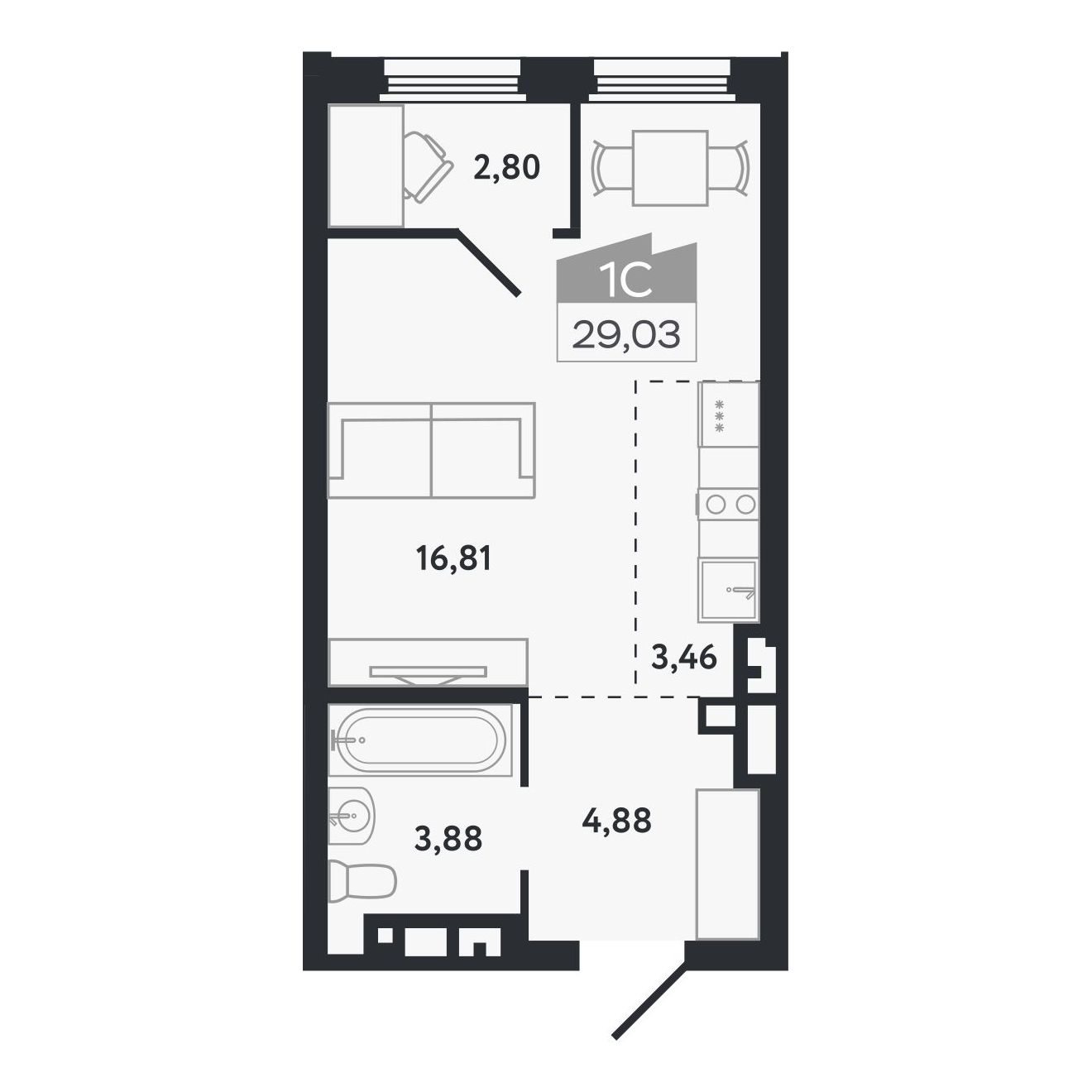 Планировка: Евро-1, 29,03 м²