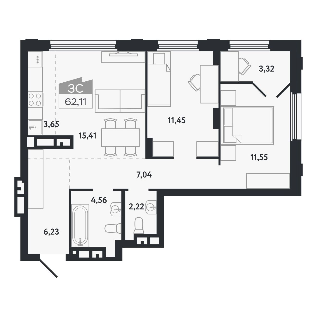 Планировка: Евро-3, 62,11 м²