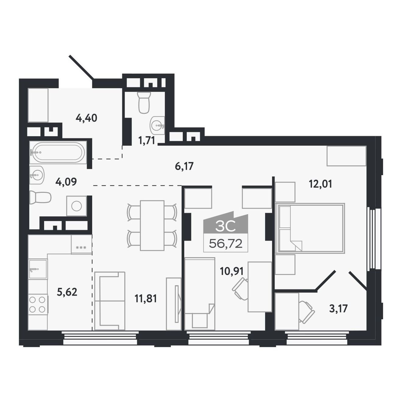Планировка: Евро-3, 56,72 м²