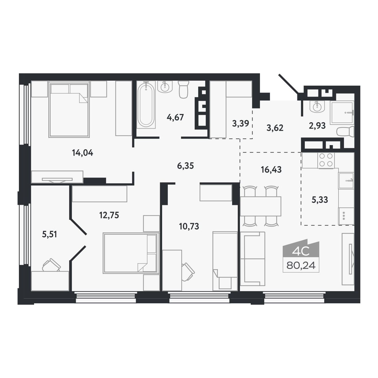 Планировка: Евро-4, 80,24 м²