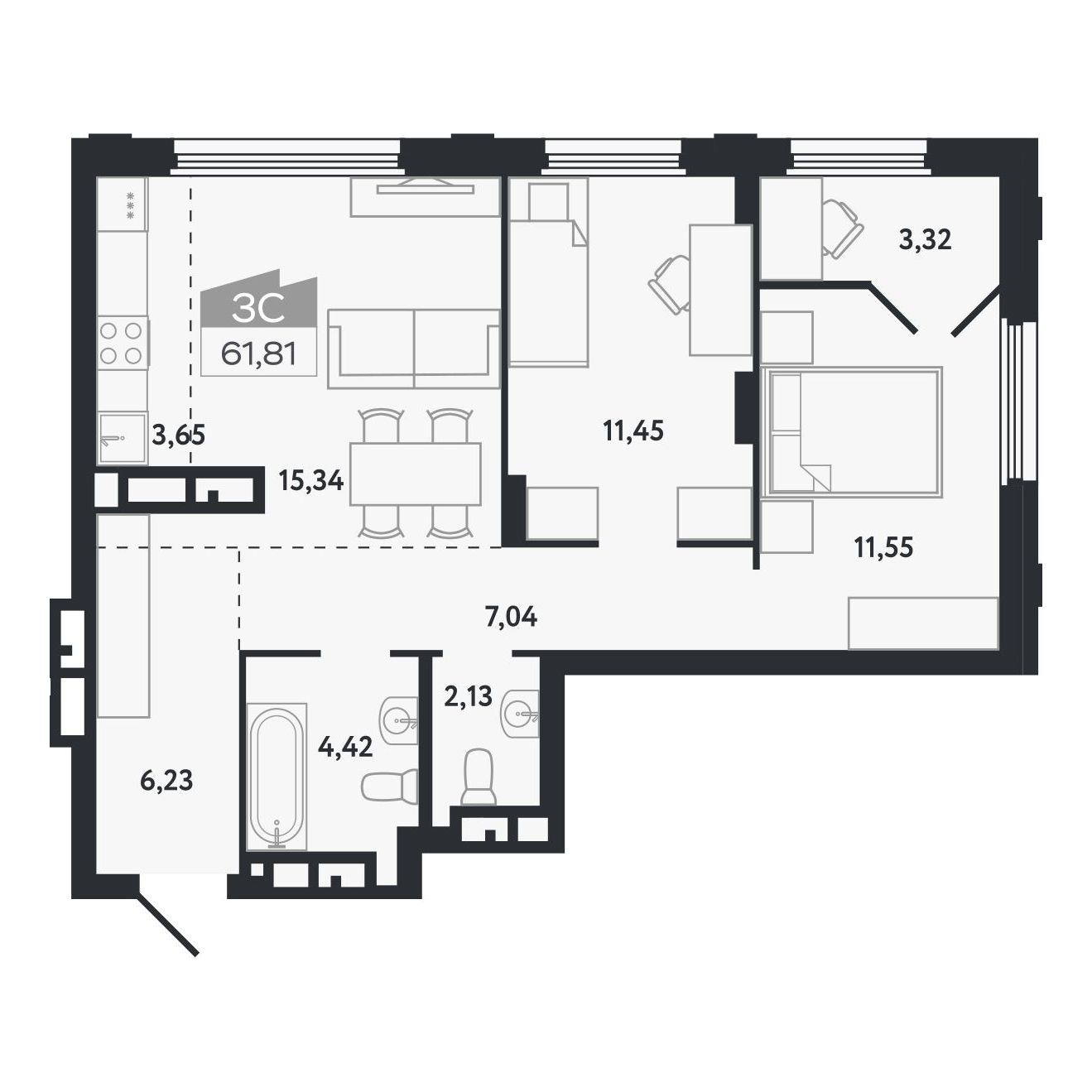 Планировка: Евро-3, 61,81 м²