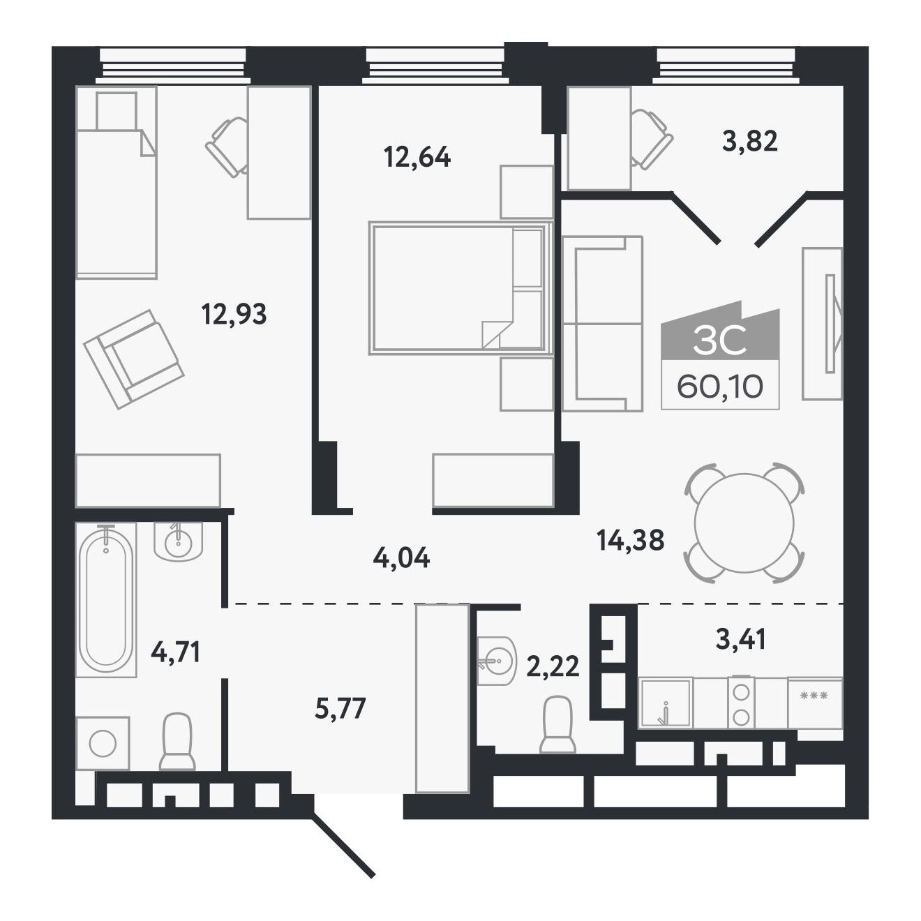 Планировка: Евро-3, 60,1 м²