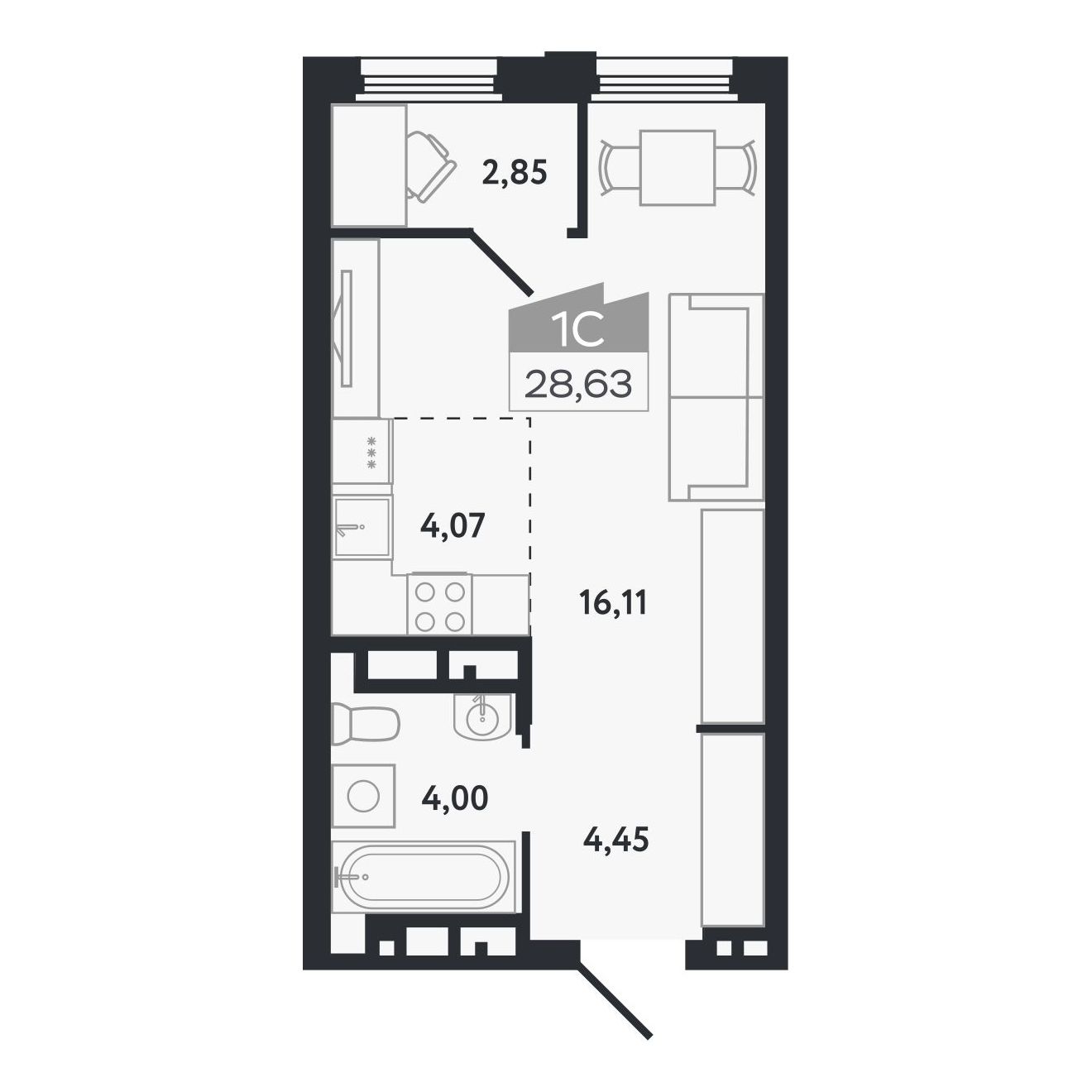 Планировка: Евро-1, 28,63 м²