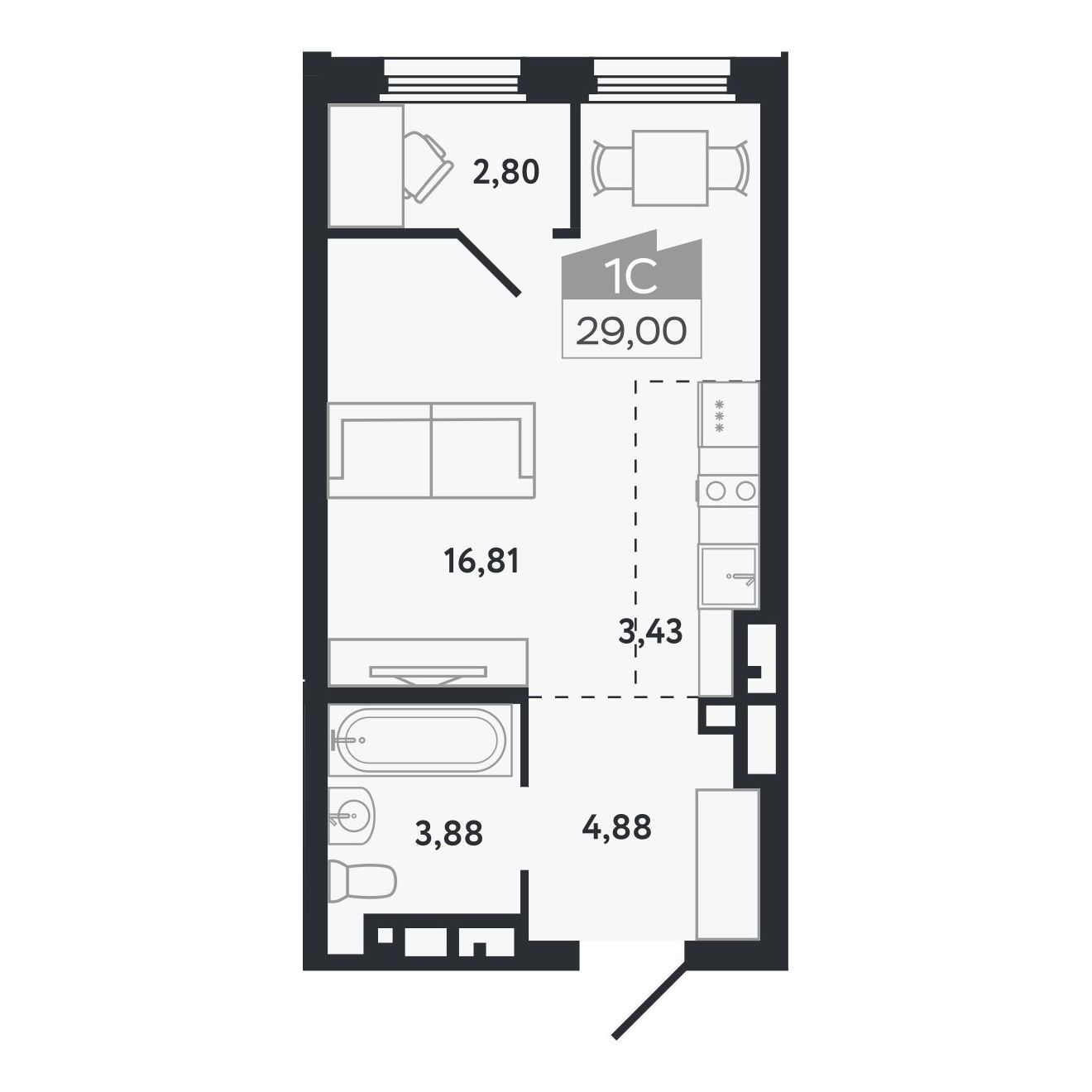 Планировка: Евро-1, 29 м²
