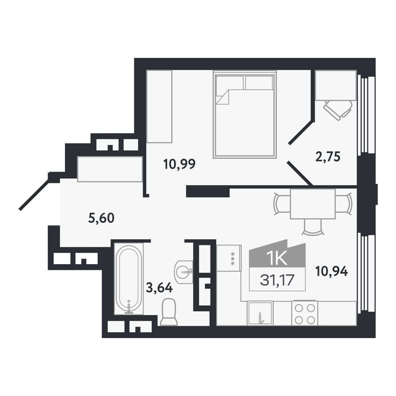 Планировка: 1-комнатная, 31,17 м²