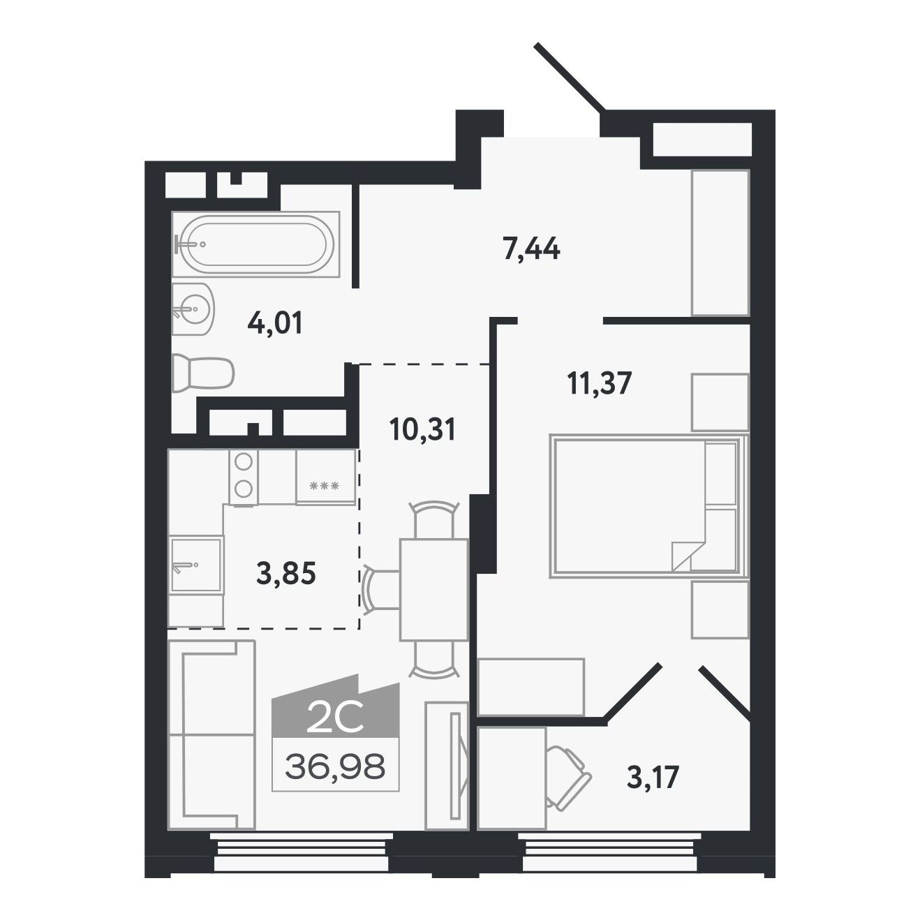 Планировка: Евро-2, 36,98 м²
