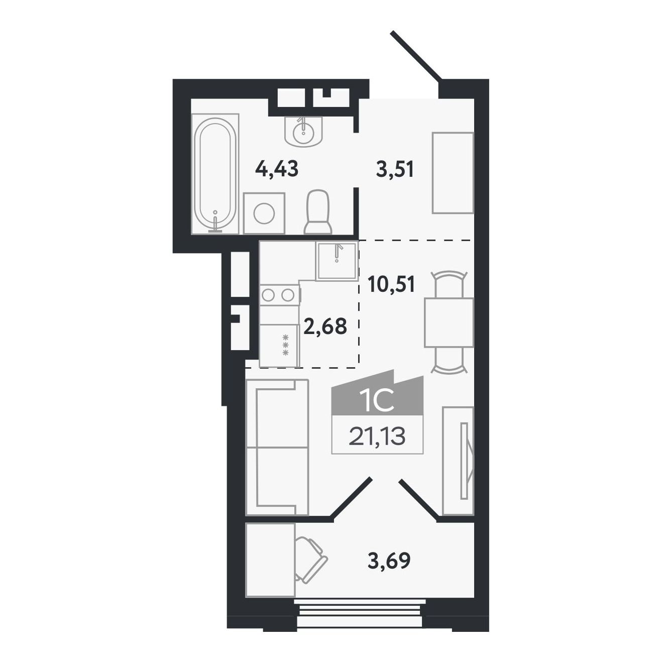 Планировка: Евро-1, 21,13 м²