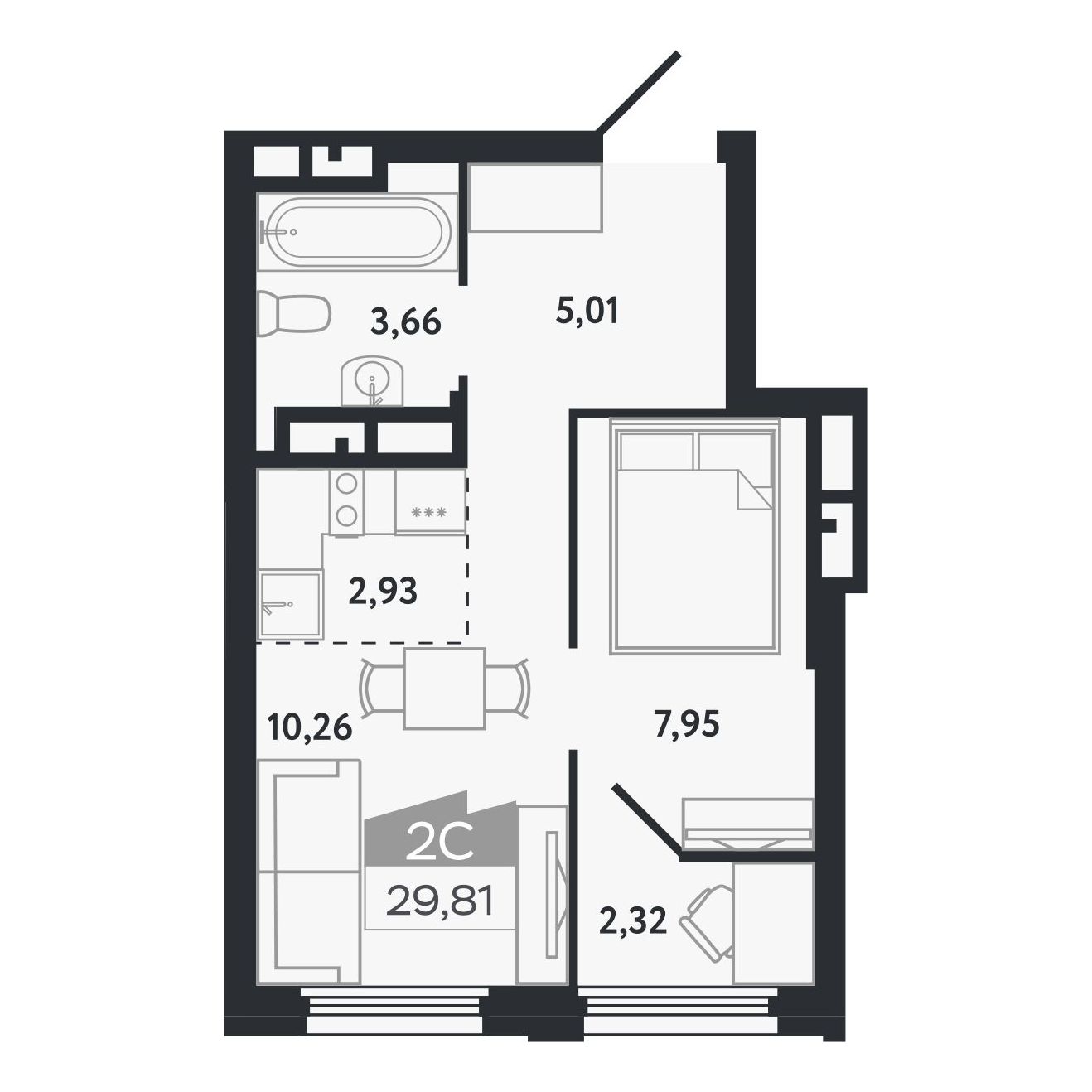 Планировка: Евро-2, 29,81 м²