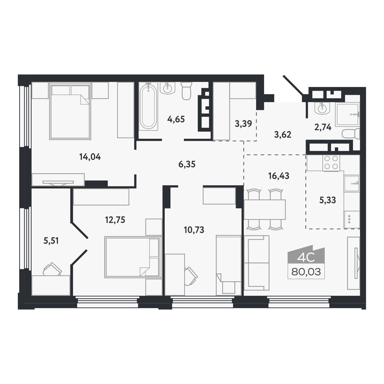 Планировка: Евро-4, 80,03 м²