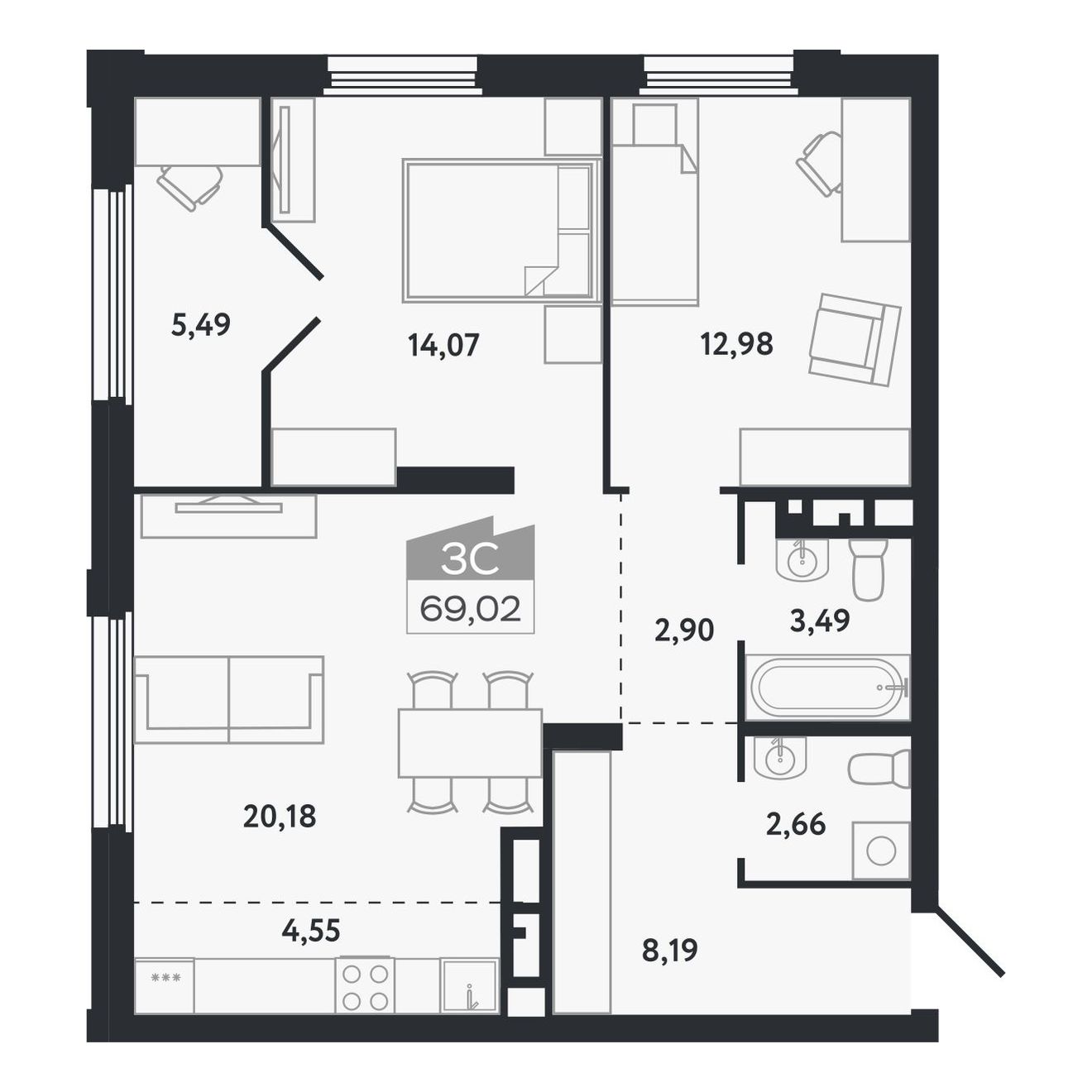 Планировка: Евро-3, 69,02 м²