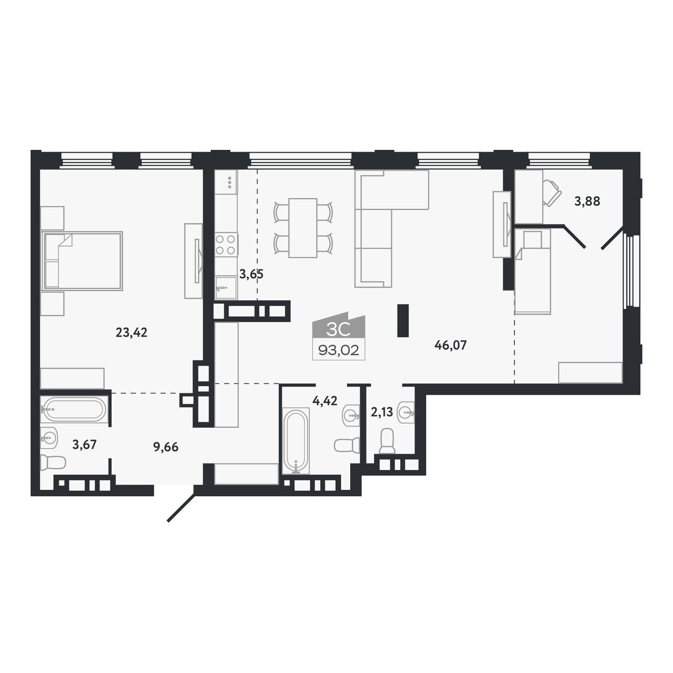 Планировка: 3-комнатная, 93,02 м²