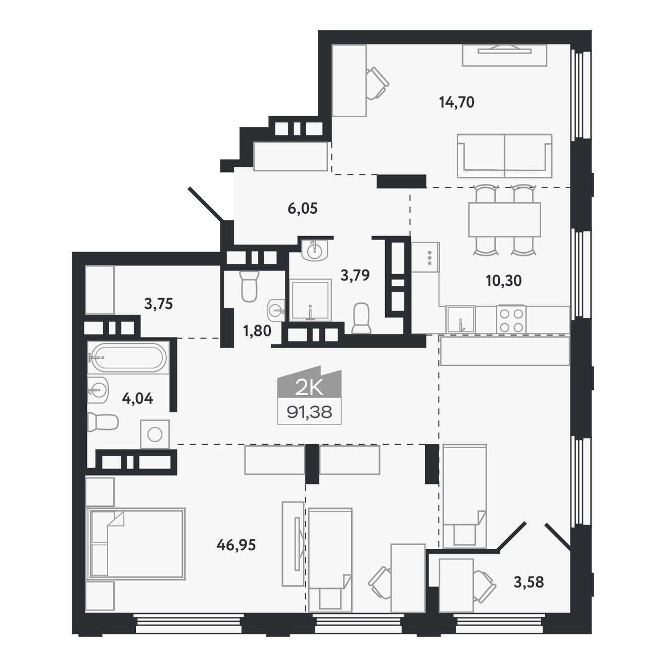 Планировка: 2-комнатная, 91,38 м²