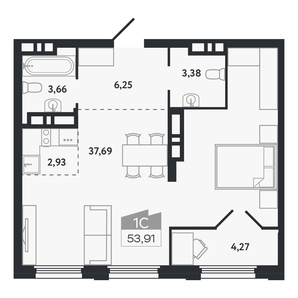 Планировка: Евро-1, 53,91 м²