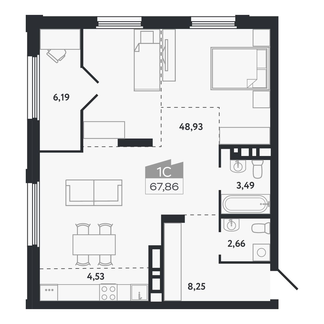 Планировка: Евро-1, 67,86 м²