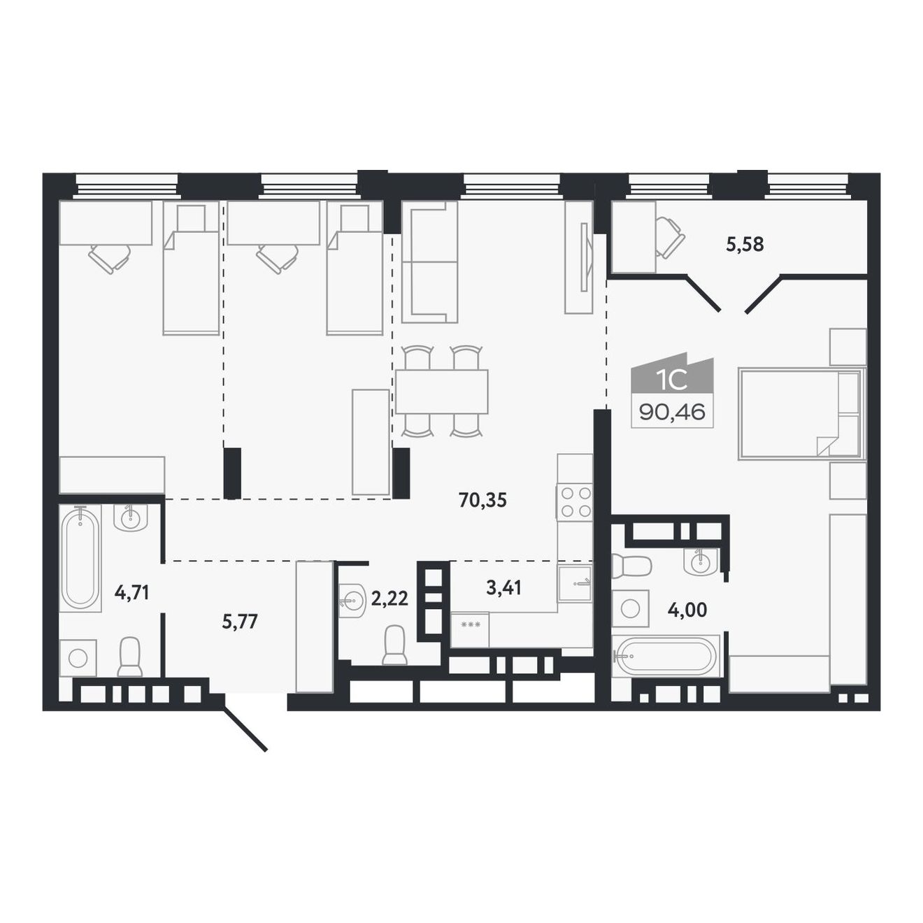 Планировка: Евро-1, 90,46 м²