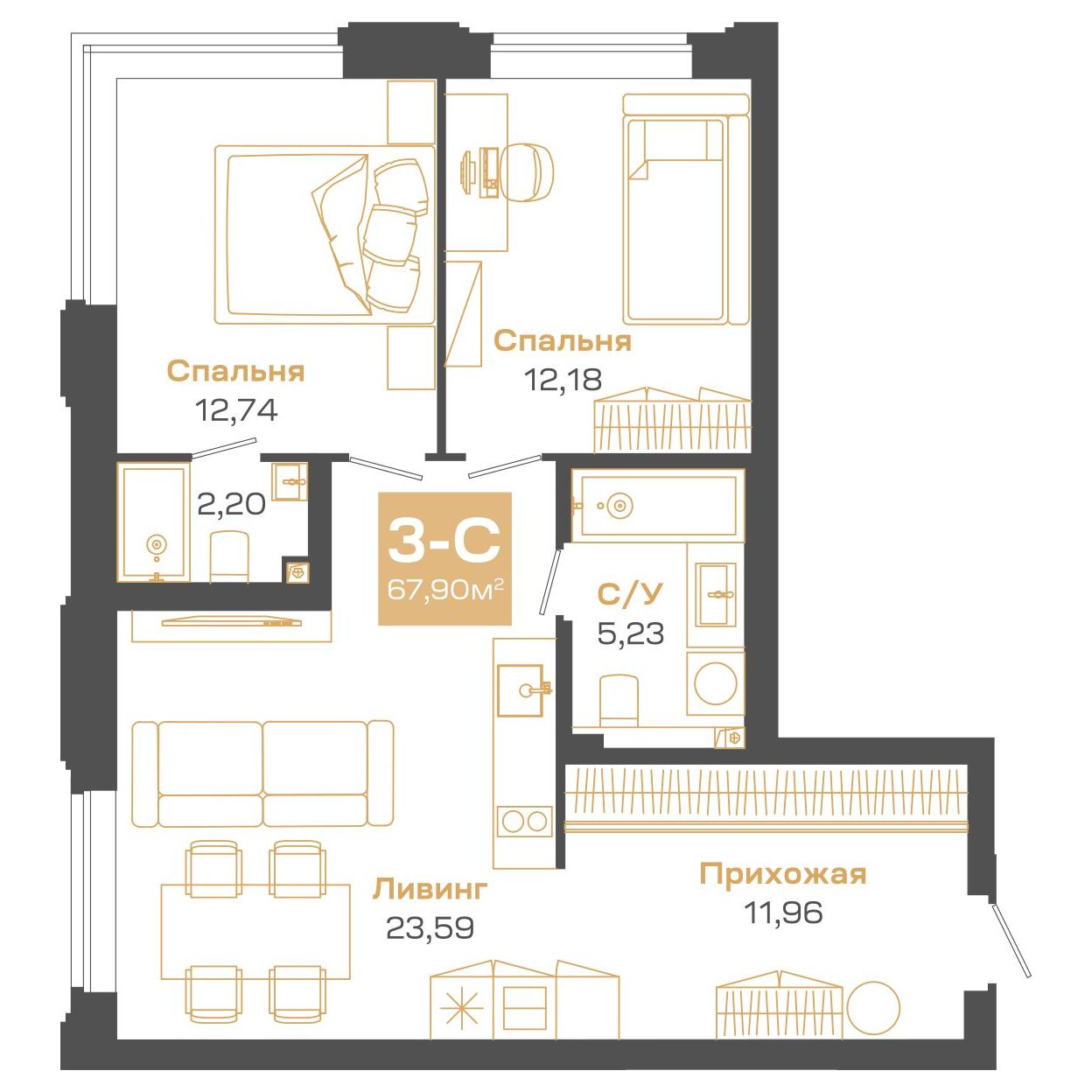 Планировка: Евро-3, 67,7 м²